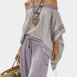 Bambusova bluzica s prugama, s otvorenim ramenima i širokim hlačama za elegantan i svjež stil