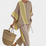 Set od lanenog bambusa s očaravajućom lavandom i detaljima u žutoj pruzi