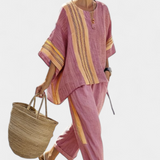 Set od lanenog bambusa s očaravajućom lavandom i detaljima u žutoj pruzi