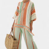 Elegantni Set od Lino Bambusa s Prugama i Asimetričnom Bluza i Širokim Hlačama za Rafinirani Stil