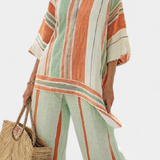 Elegantni Set od Lino Bambusa s Prugama i Asimetričnom Bluza i Širokim Hlačama za Rafinirani Stil