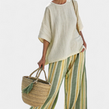 Daisy komplet od bambusovog lana Mediteranski s maslinastim prugama za osvježavajući i elegantan stil