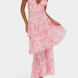 Valentina - Haljina od Chiffona s V-Izrezom i Lepršavim Rukavima